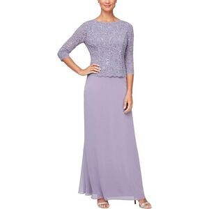 Alex Evenings One Piece Gown Dress 3/4 Sleeve Stretch Lace Bodice Mock  6P